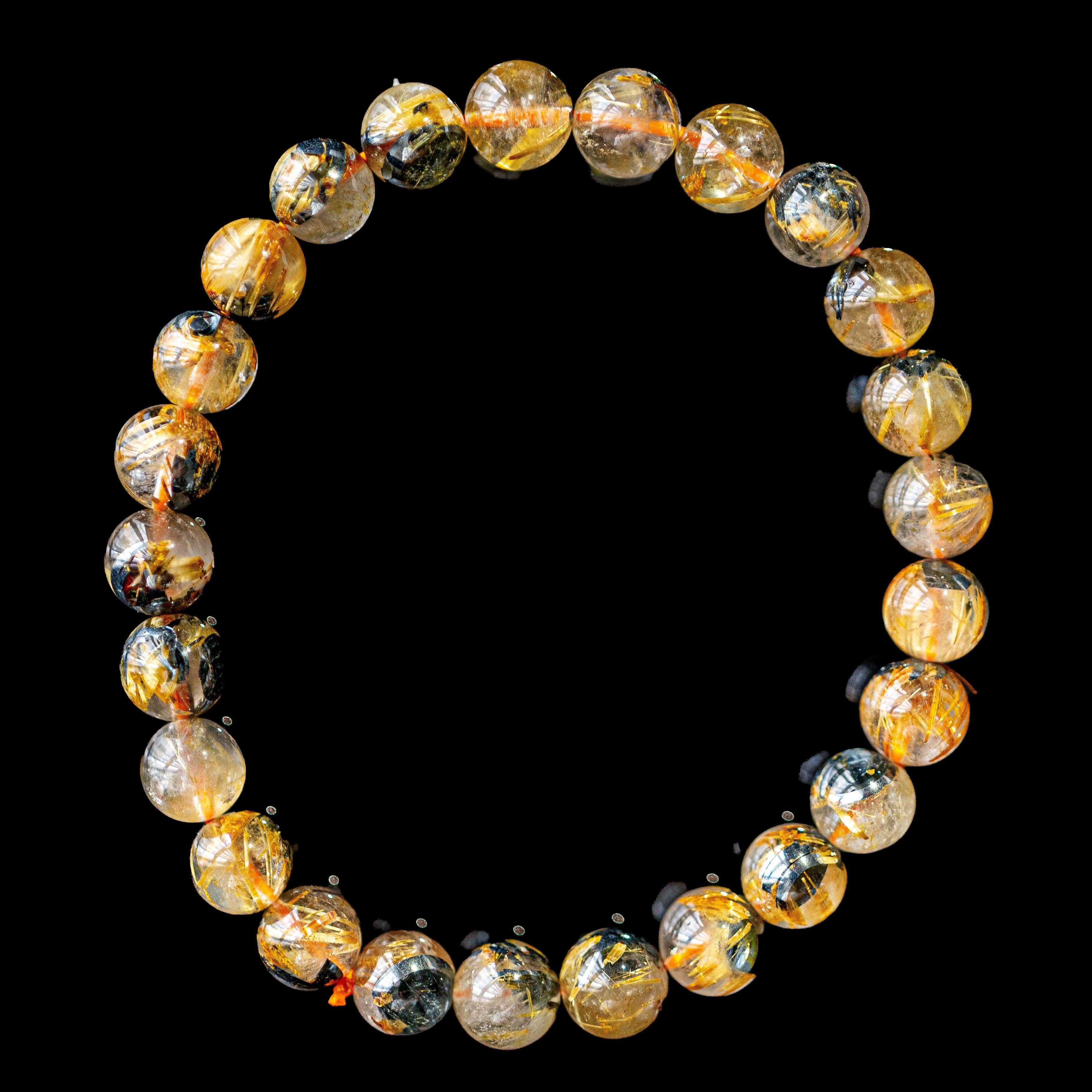 【7.5mm太陽(放射)タイプ】ルチルクォーツ 7.5mm玉 タイチン ブレスレッド 手首サイズ16.5cm