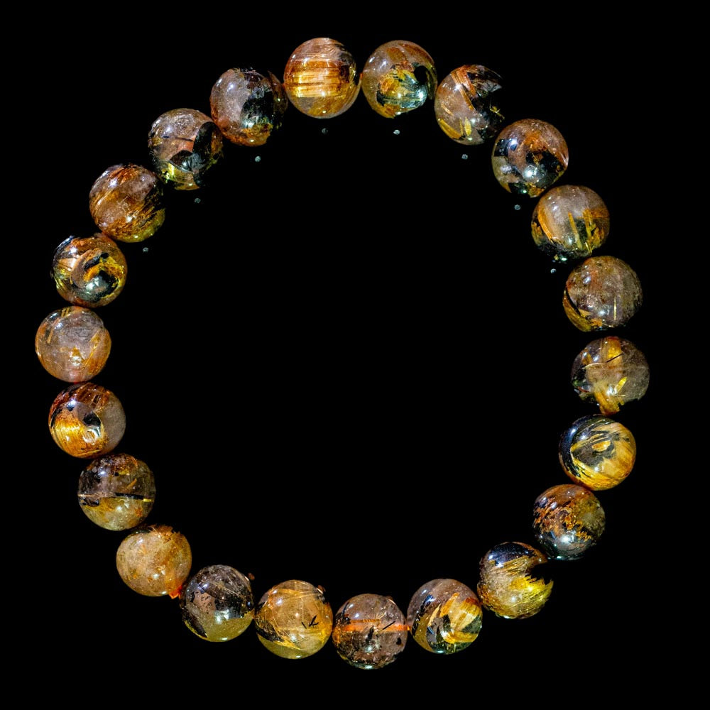 【太陽(放射)タイプ】ルチルクォーツ 9mm玉 タイチン ブレスレッド 手首サイズ16cm