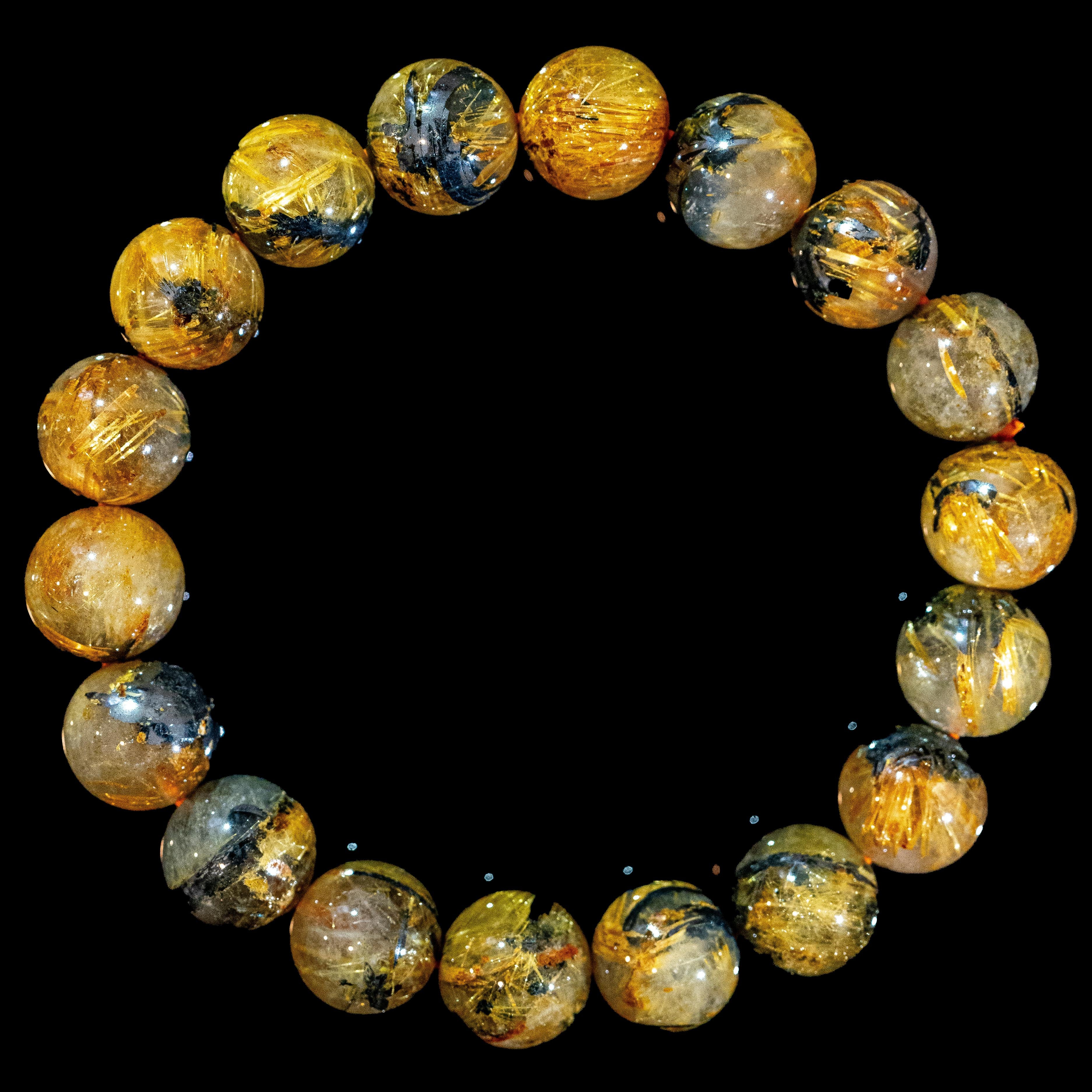 【12mm迫力満点太陽放射ルチル】ルチルクォーツ 12mm玉 タイチン ブレスレッド 手首サイズ16.5cm