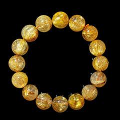 【12mm迫力満点スモーキーゴールドルチル】ルチルクォーツ 12mm玉 タイチン ブレスレッド 手首サイズ16.5cm