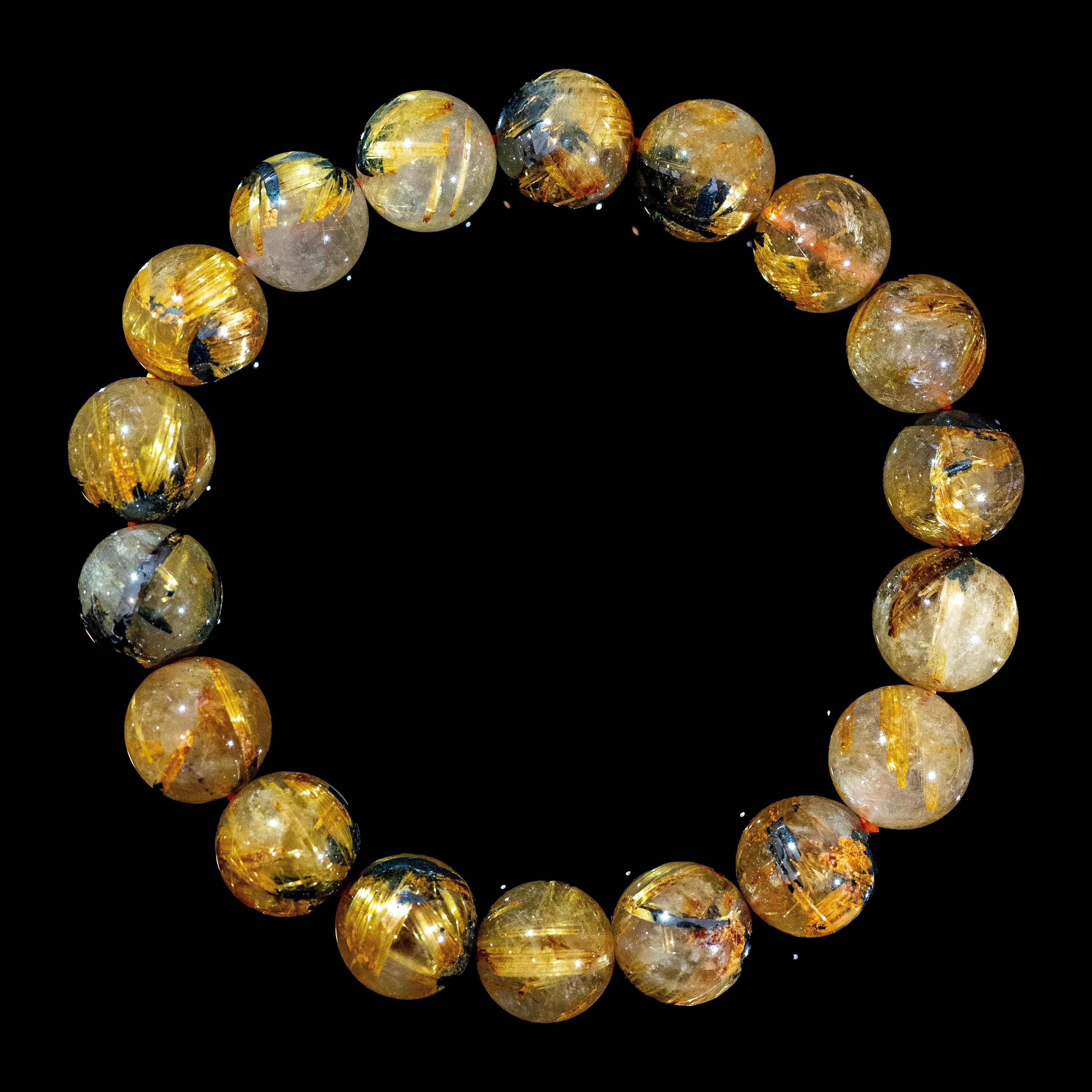 【12mm迫力満点太陽放射ルチル】ルチルクォーツ 12mm玉 タイチン ブレスレッド 手首サイズ16.5cm