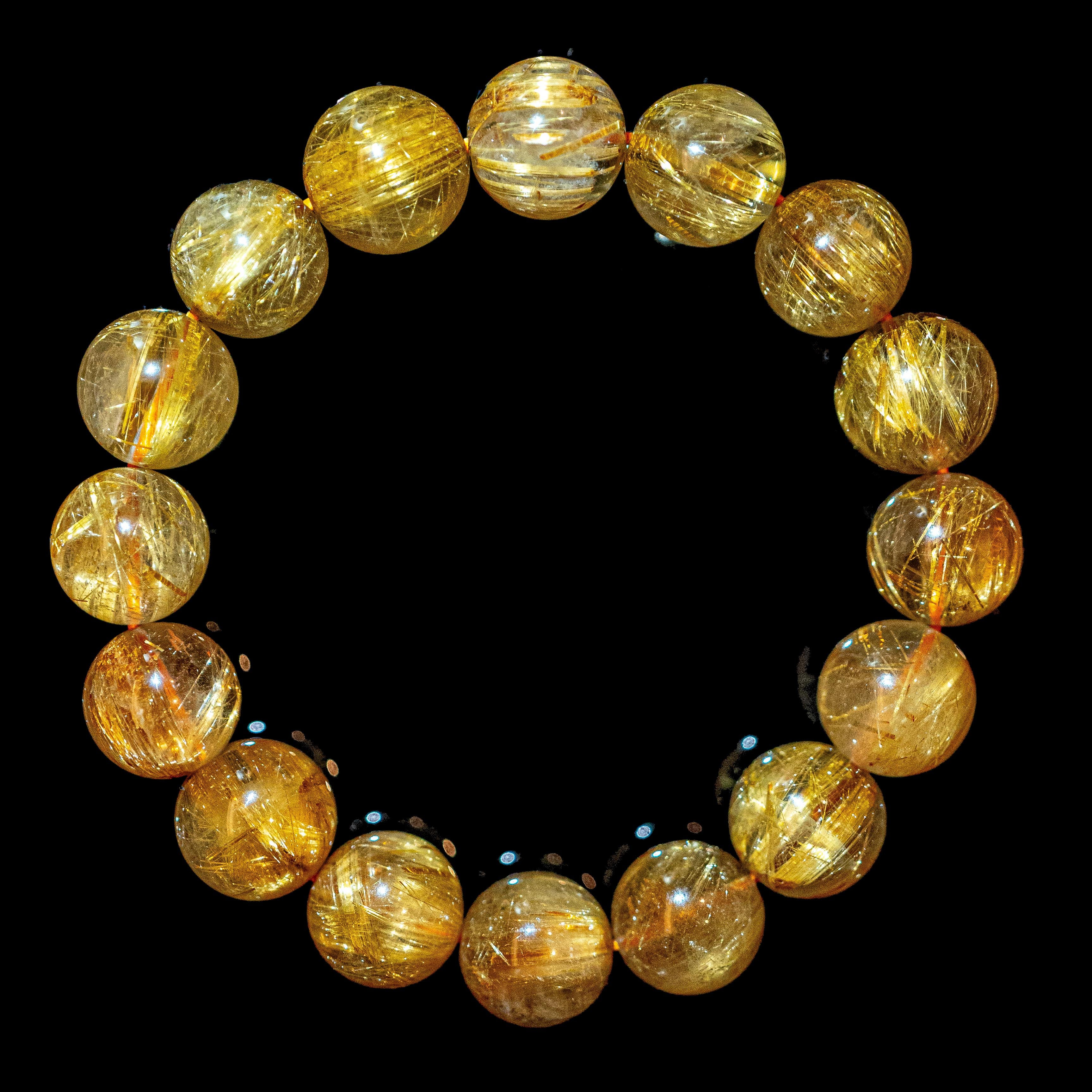 【12mm迫力抜群クリアタイプゴールドルチル】ルチルクォーツ 12mm玉 タイチン ブレスレッド 手首サイズ15.7cm